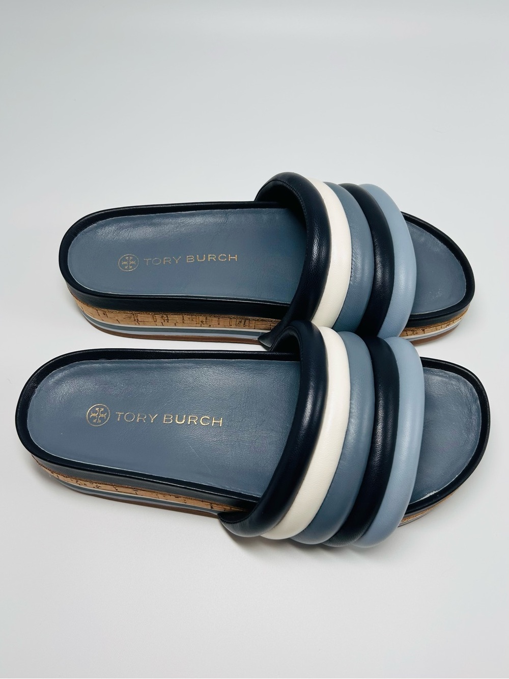 Tory Burch quilted platform slide sandals, colorblock navy, white, & blue. 8.5 - Picture 6 of 9